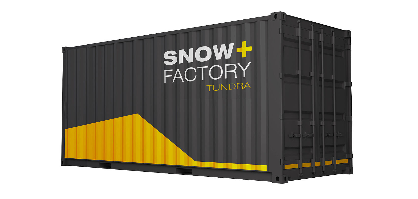 Black SnowFactory Tundra container with yellow accent, perspective view