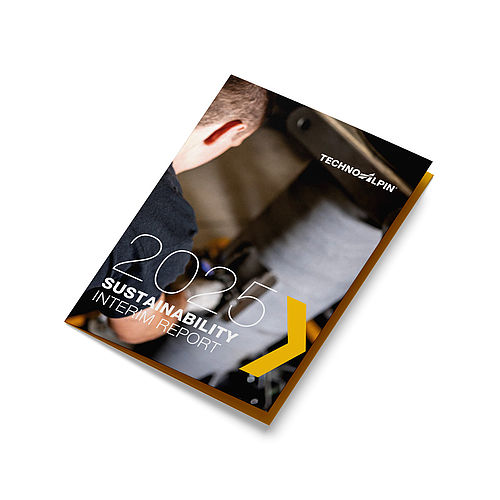 Mockup Broschüre Sustainability Interim Report 2025 mit gelbem Pfeil