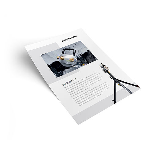 Maquette brochure produit TechnoAlpin SnowRamp avec unite sur trepied et description produit