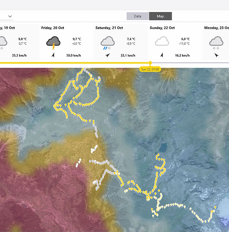 ATASSpro Kartenansicht mit Skigebiet, Schneeerzeugerpositionen und Temperatur-Heatmap