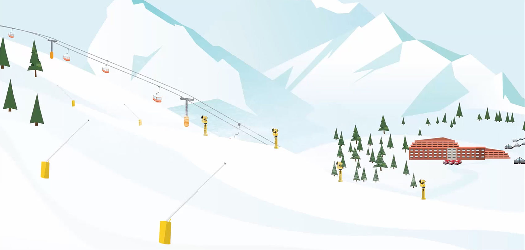 Illustration eines Skigebiets mit Schneeerzeugern entlang der Pisten