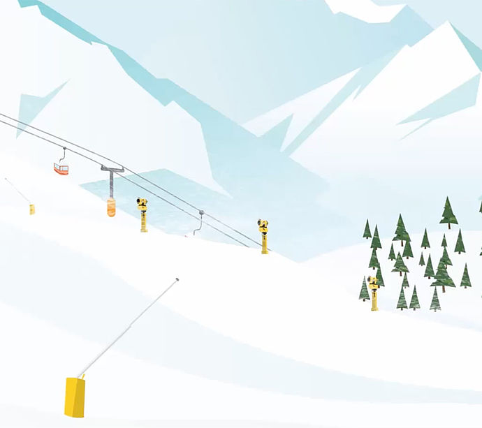 Illustration eines Skigebiets mit Schneeerzeugern entlang der Pisten