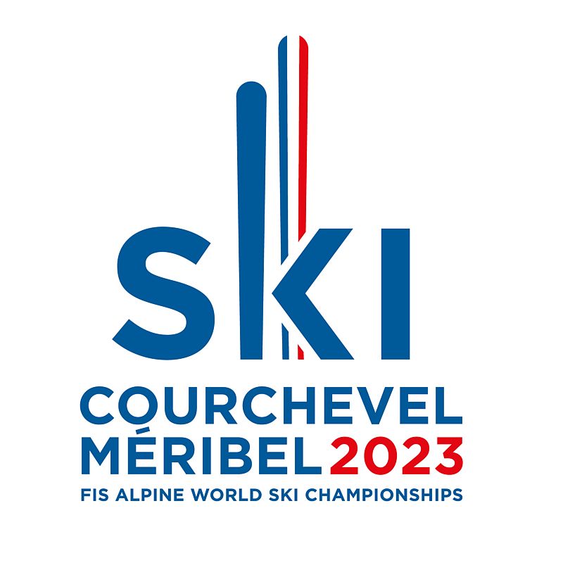Logo der FIS Alpinen Ski-Weltmeisterschaften Courchevel Méribel 2023 in Blau und Rot