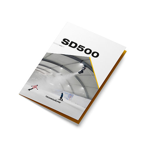 Broschüre SD500 Mockup für Hallenbeschneiung mit TechnoAlpin Logo