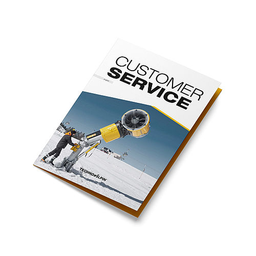 TechnoAlpin Customer Service Broschüre mit Schneeerzeuger auf der Piste auf dem Cover