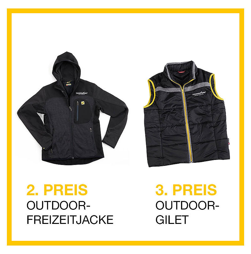 Zweiter und dritter Preis: schwarze Outdoor-Freizeitjacke mit Kapuze und schwarze Outdoor-Weste.