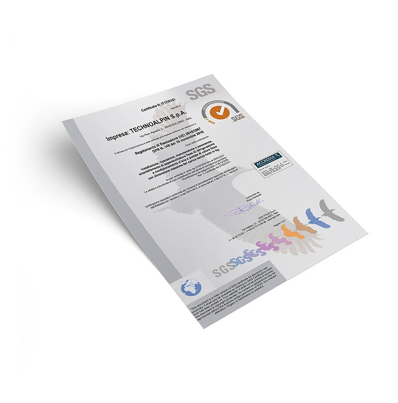 SGS F-Gas certificate for TechnoAlpin S.p.A. Bolzano on white background.