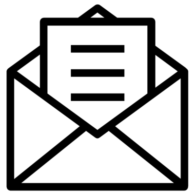 Symbol eines geöffneten Briefumschlags mit Dokument, schwarze Strichgrafik auf weißem Hintergrund