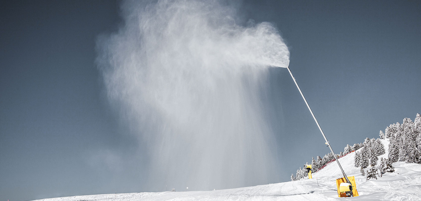 Perche à neige TechnoAlpin produisant de la neige sur piste avec arbres enneigés