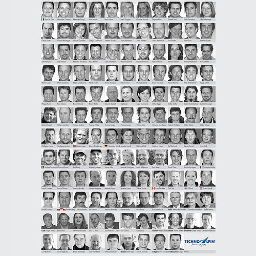 Mitarbeiterwand mit Porträts der TechnoAlpin Snow Experts weltweit
