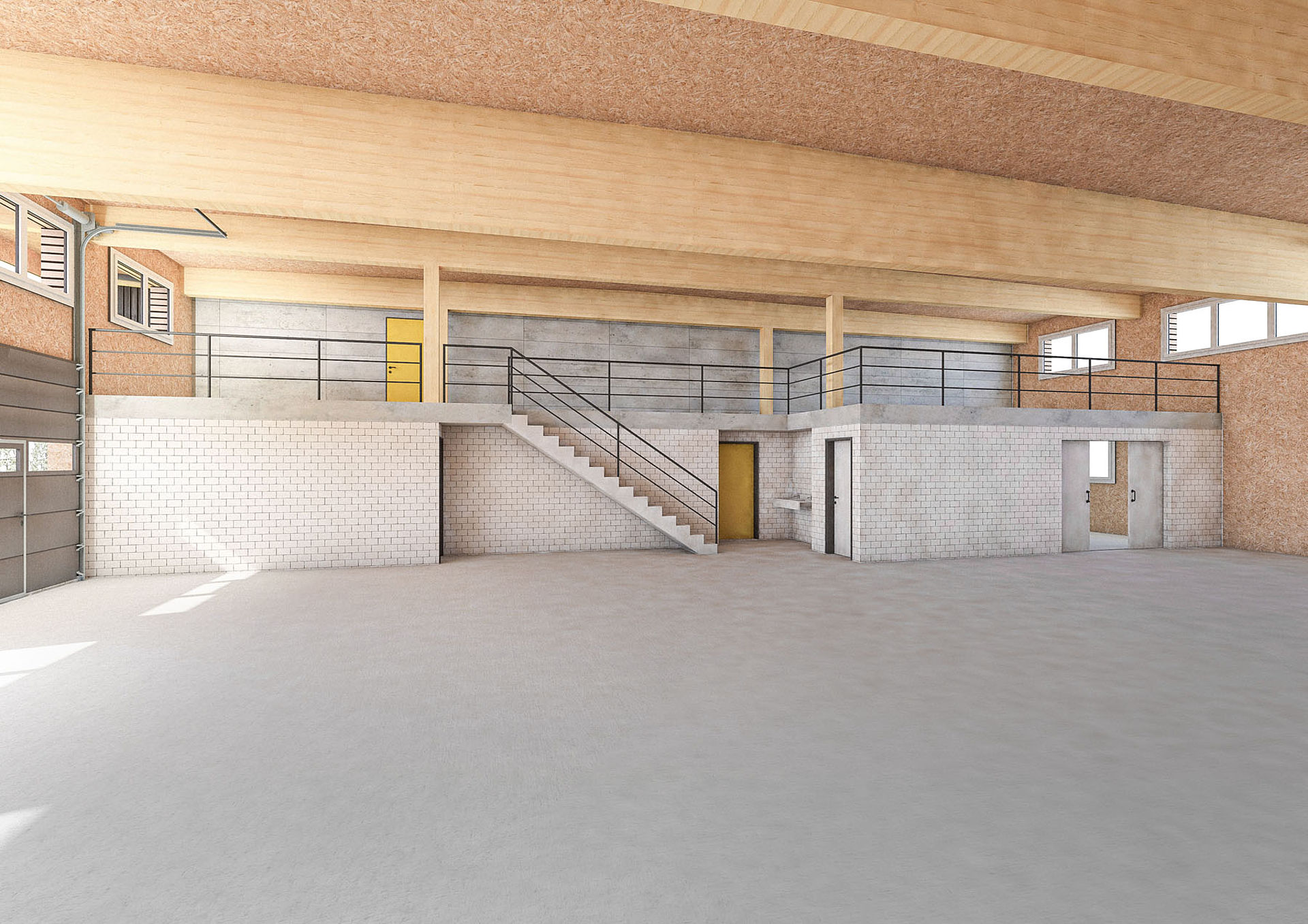 Empty industrial hall with wooden beam ceiling, white brick wall, staircase and yellow doors.