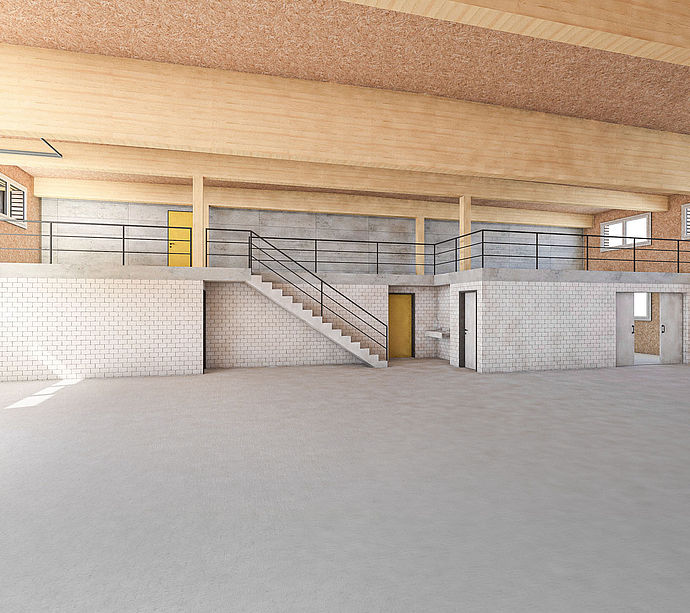 Empty industrial hall with wooden beam ceiling, white brick wall, staircase and yellow doors.