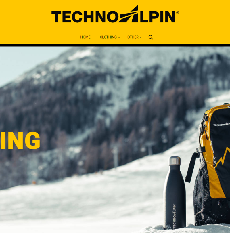 Capture d'écran de la boutique en ligne TechnoAlpin avec articles et fond montagneux