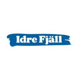Idre Fjäll Logo in weißer Schrift auf blauem Pinselstrich-Hintergrund