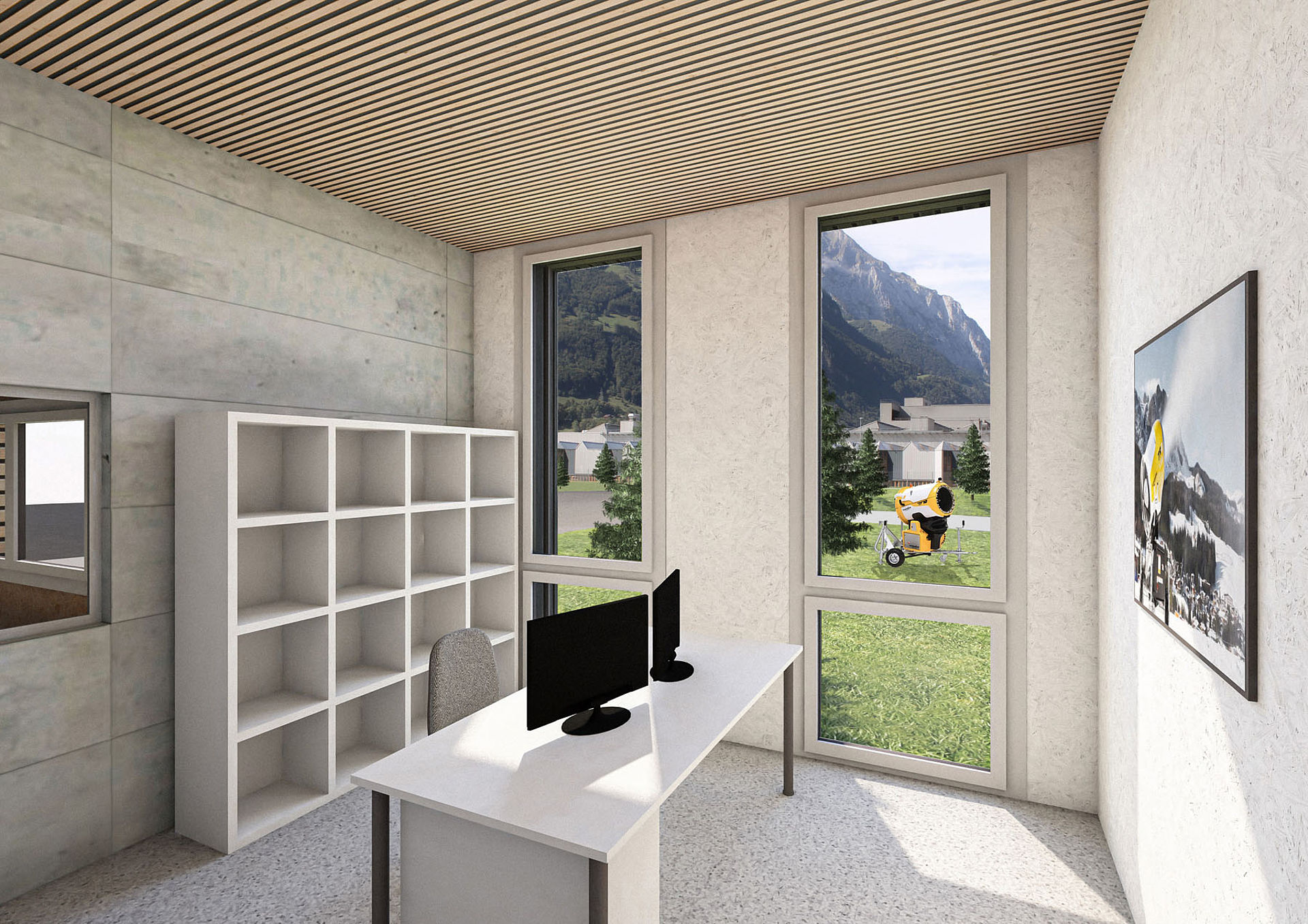 Modern office with desk, monitors and panoramic view of mountains and snow generators outside.