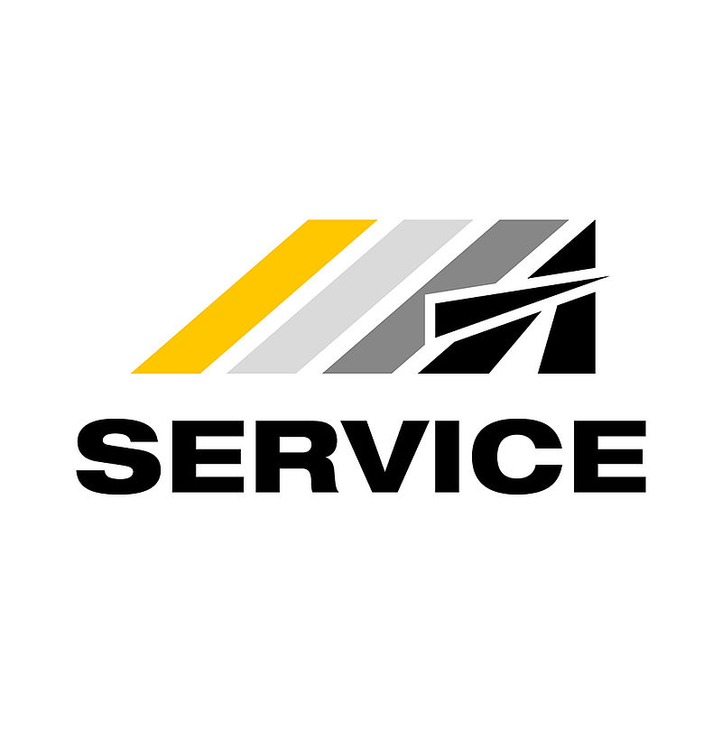 TechnoAlpin Service Logo mit gelben, grauen und schwarzen diagonalen Streifen und schwarzem Schriftzug SERVICE