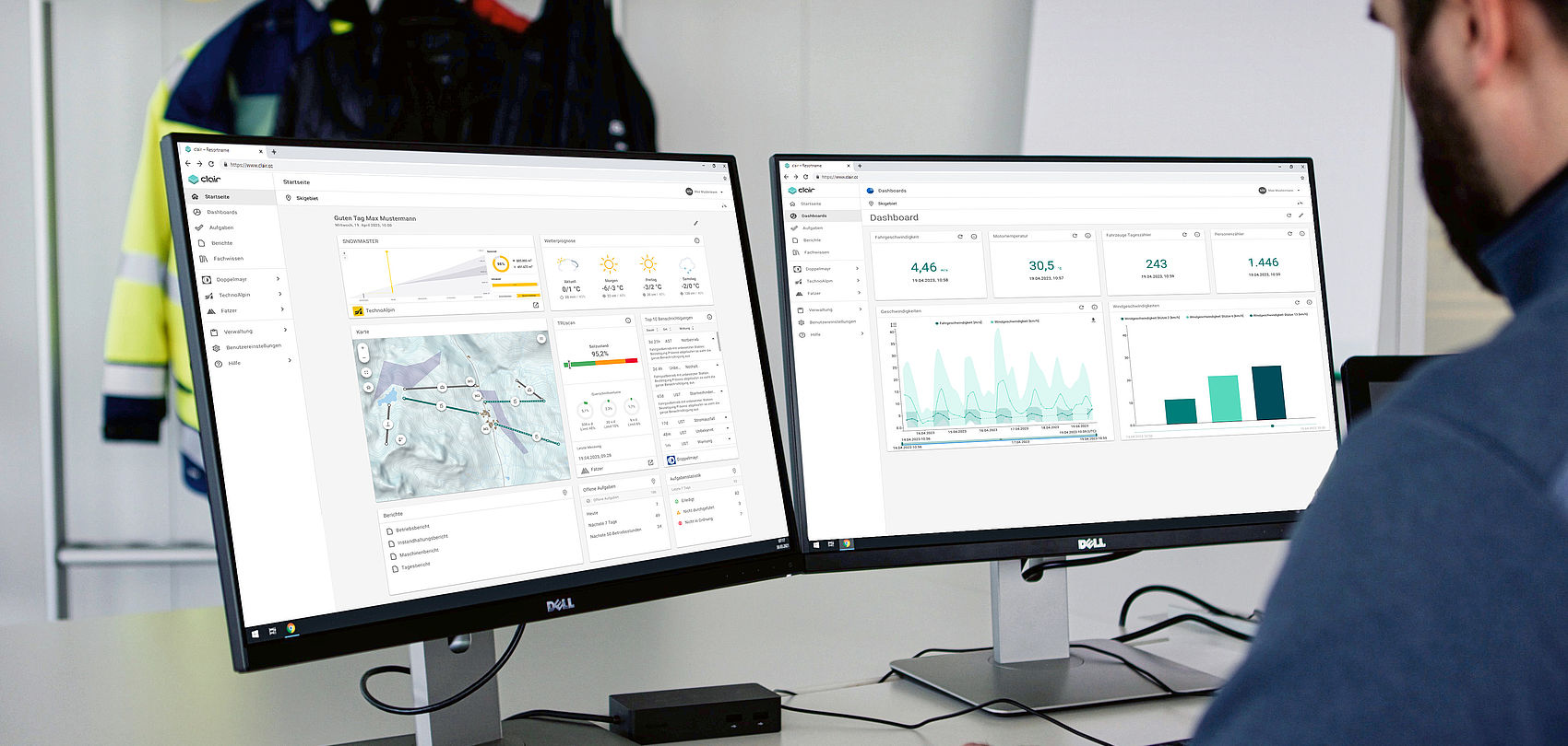 Clair snowmaking management software on dual Dell monitors displaying dashboard with maps, weather forecasts, charts and operational metrics for ski resort