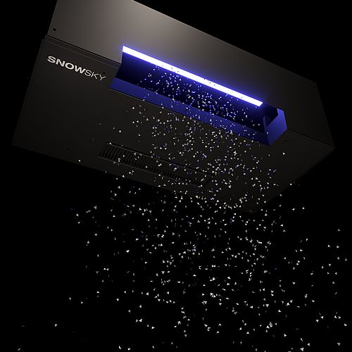 TechnoAlpin SnowSky Presserendering mit Deckenbefestigtem Gerät, blauem LED-Streifen und Schneeflocken