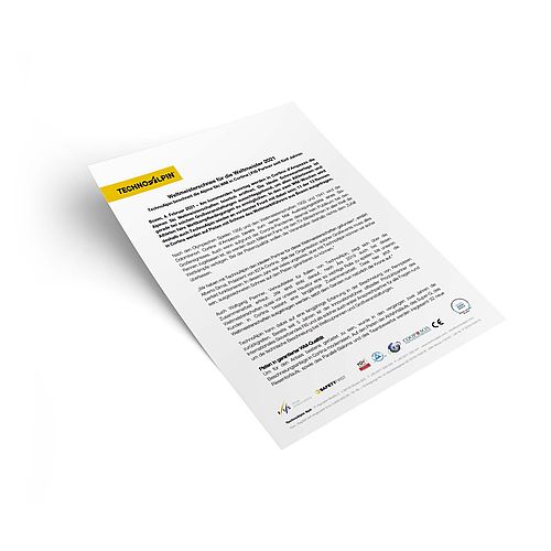 Pressemitteilung von TechnoAlpin auf weißem Papier mit Logo und Zertifizierungssiegeln.