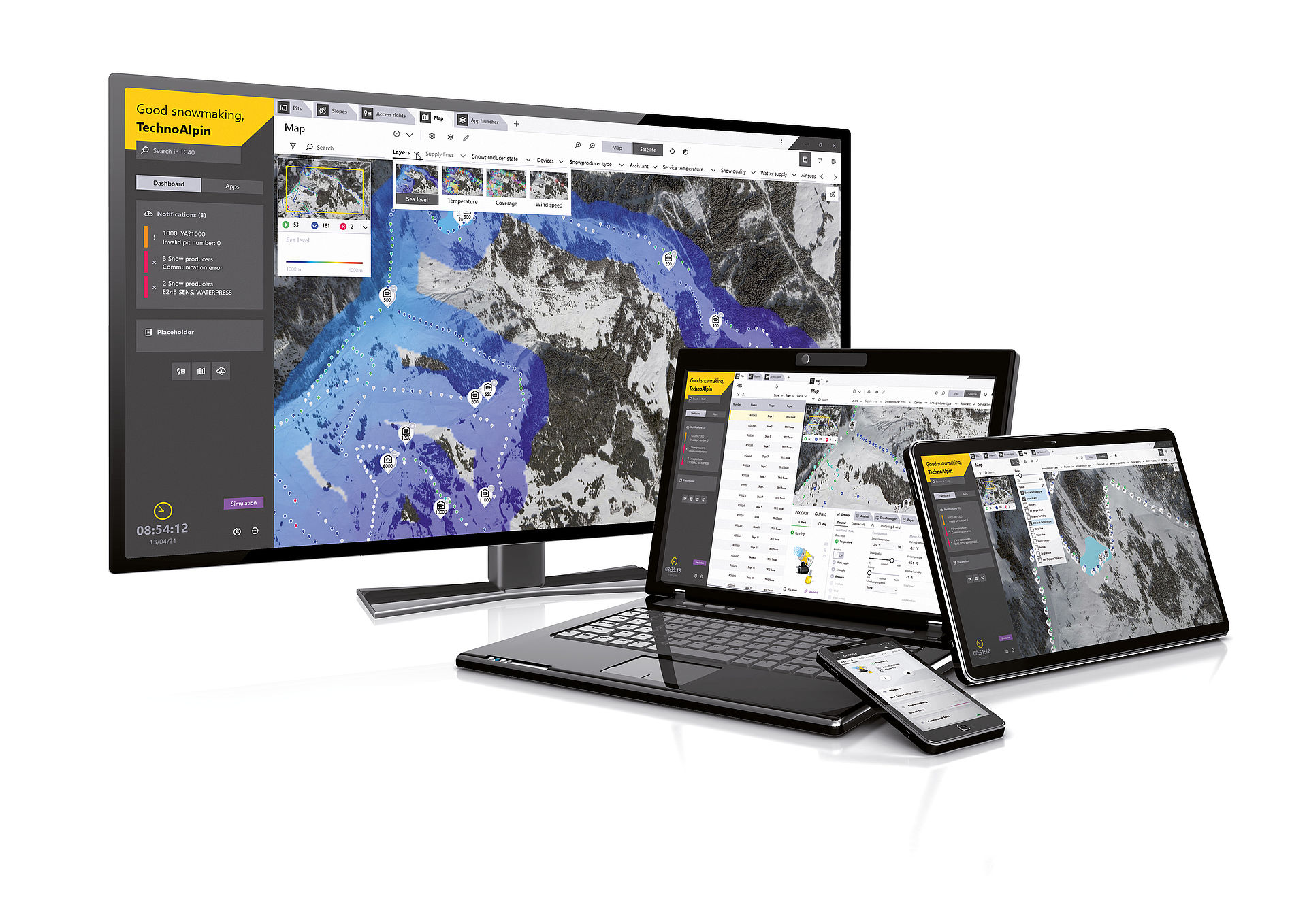 TechnoAlpin Beschneiungssoftware auf Monitor, Laptop, Tablet und Smartphone
