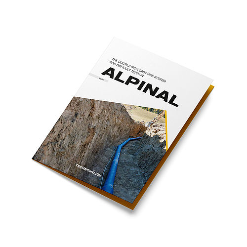 Broschürencover ALPINAL – duktiles Gussrohrsystem von TechnoAlpin, mit Bild einer verlegten Rohrleitung im Erdgraben
