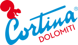 Logo Cortina Dolomiti mit rotem Eichhörnchen und blauem Schriftzug
