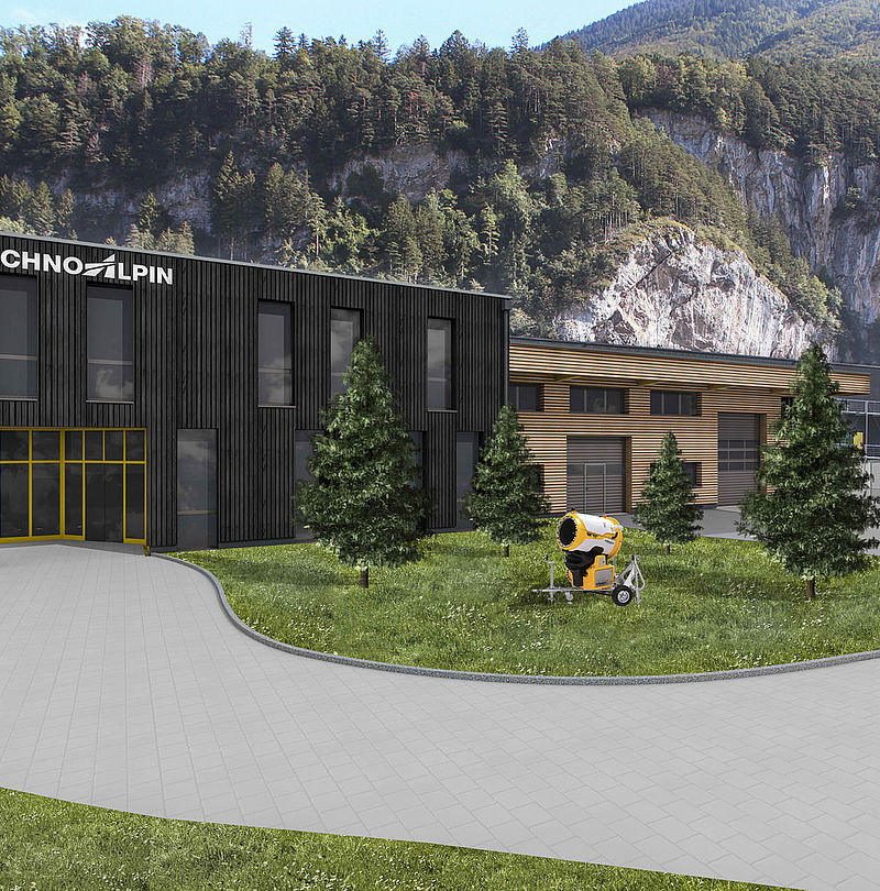 3D visualization of new TechnoAlpin building with black wooden facade and yellow accents.