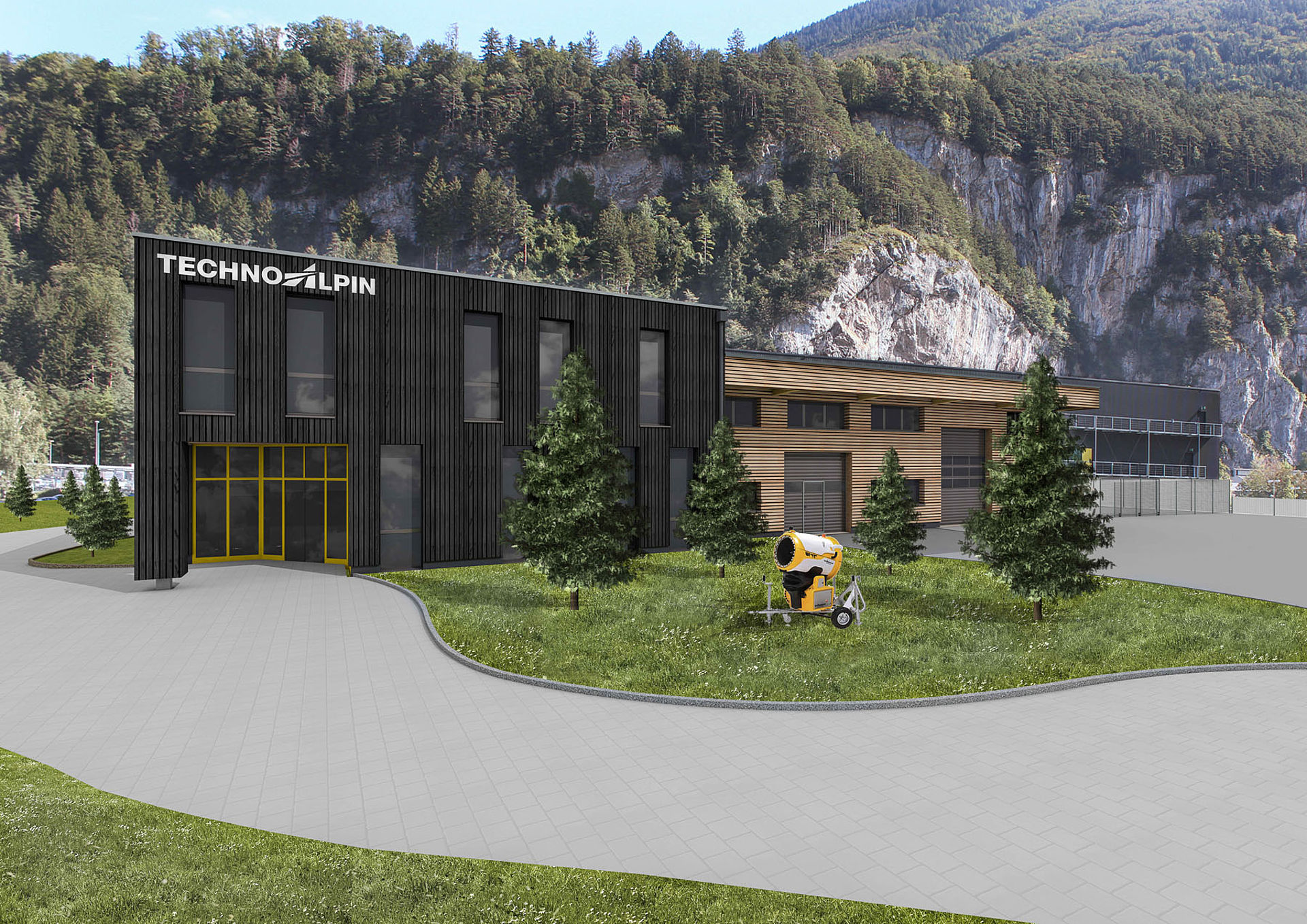 3D visualization of new TechnoAlpin building with black wooden facade and yellow accents.
