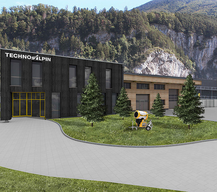 3D visualization of new TechnoAlpin building with black wooden facade and yellow accents.