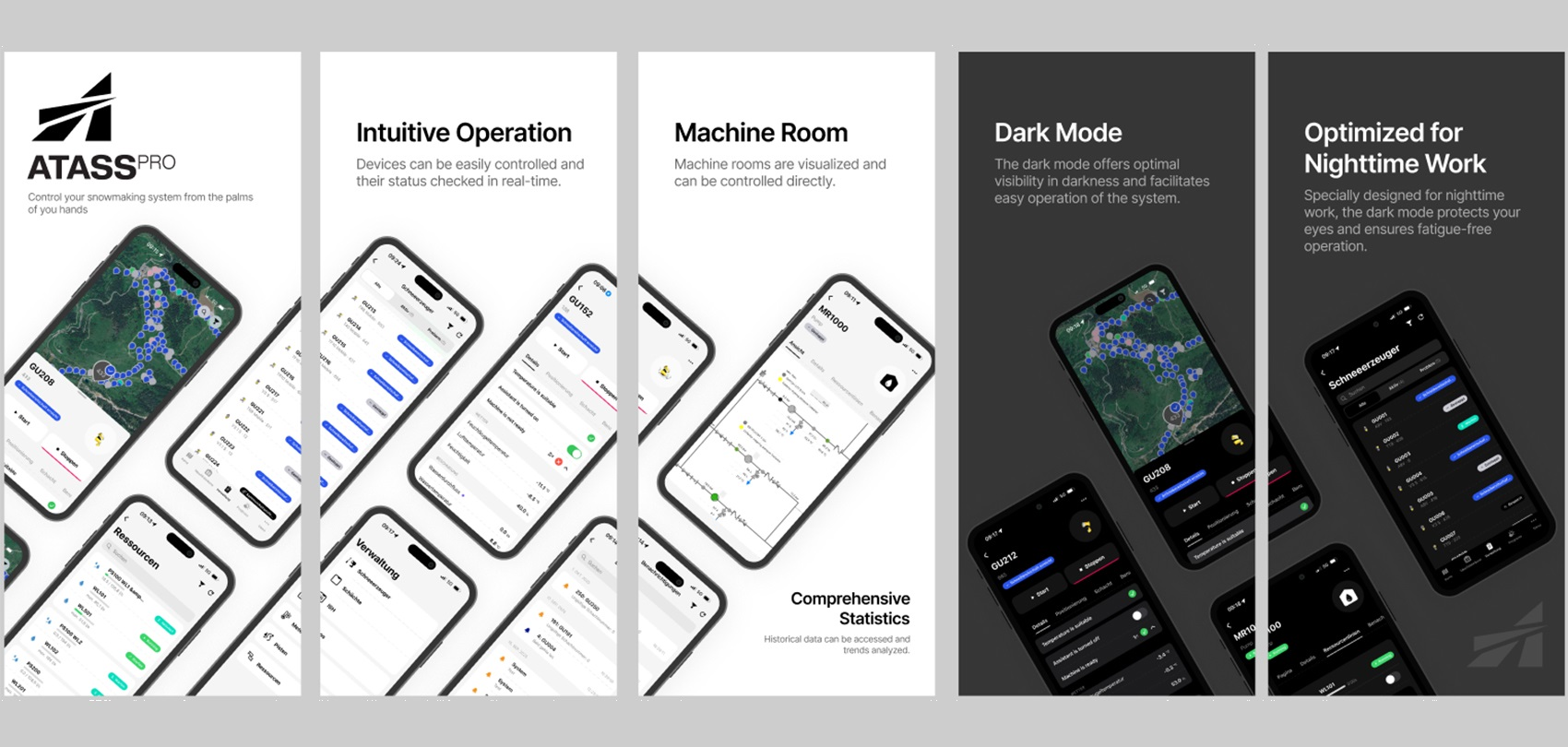 ATASSpro app screenshots on smartphones with map and dark mode view