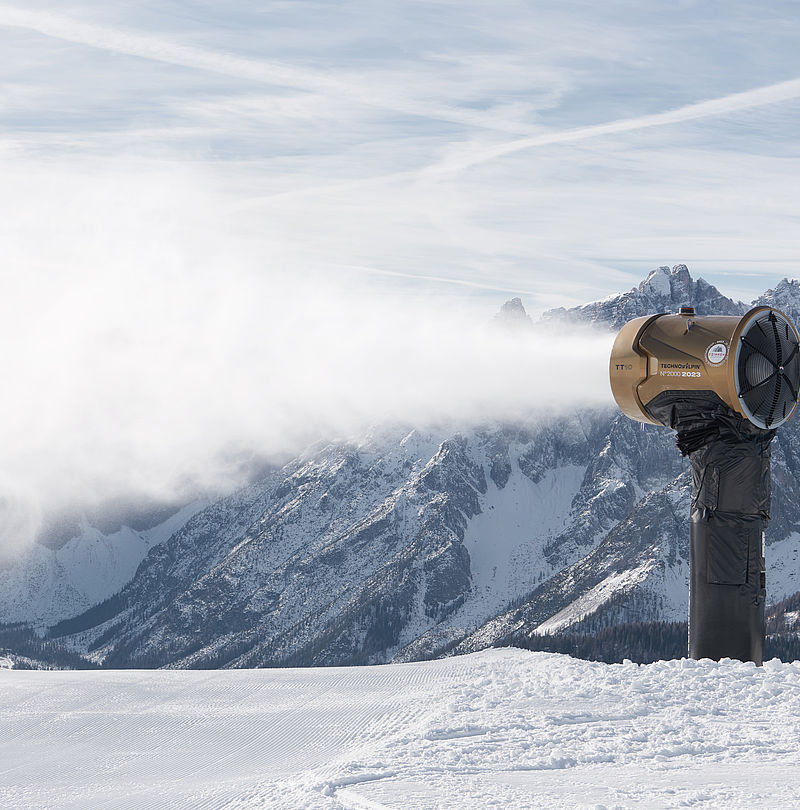 Gruppenfoto mit sieben Personen neben goldener TT10 Schneekanone zum Partnerschaftsjubiläum