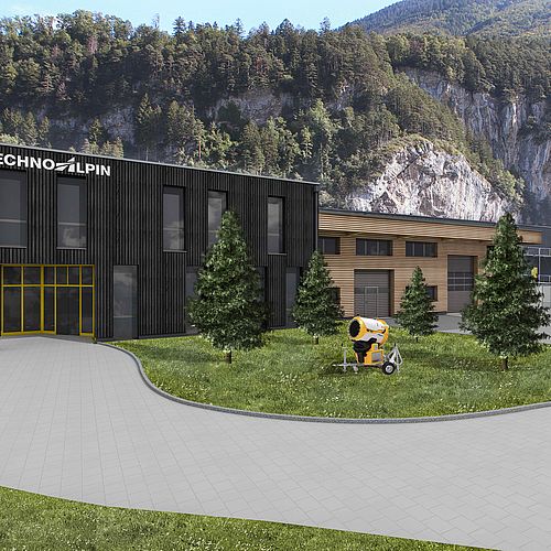 3D-Visualisierung des neuen TechnoAlpin-Firmengebäudes mit schwarzer Holzfassade vor Felswand.