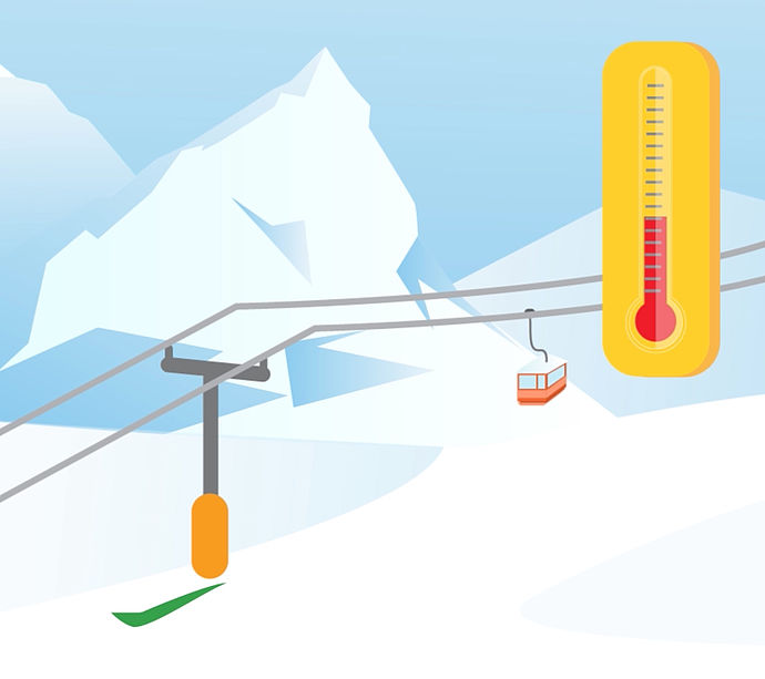 Illustration einer Skipiste mit Sessellift und Thermometer bei Plusgraden
