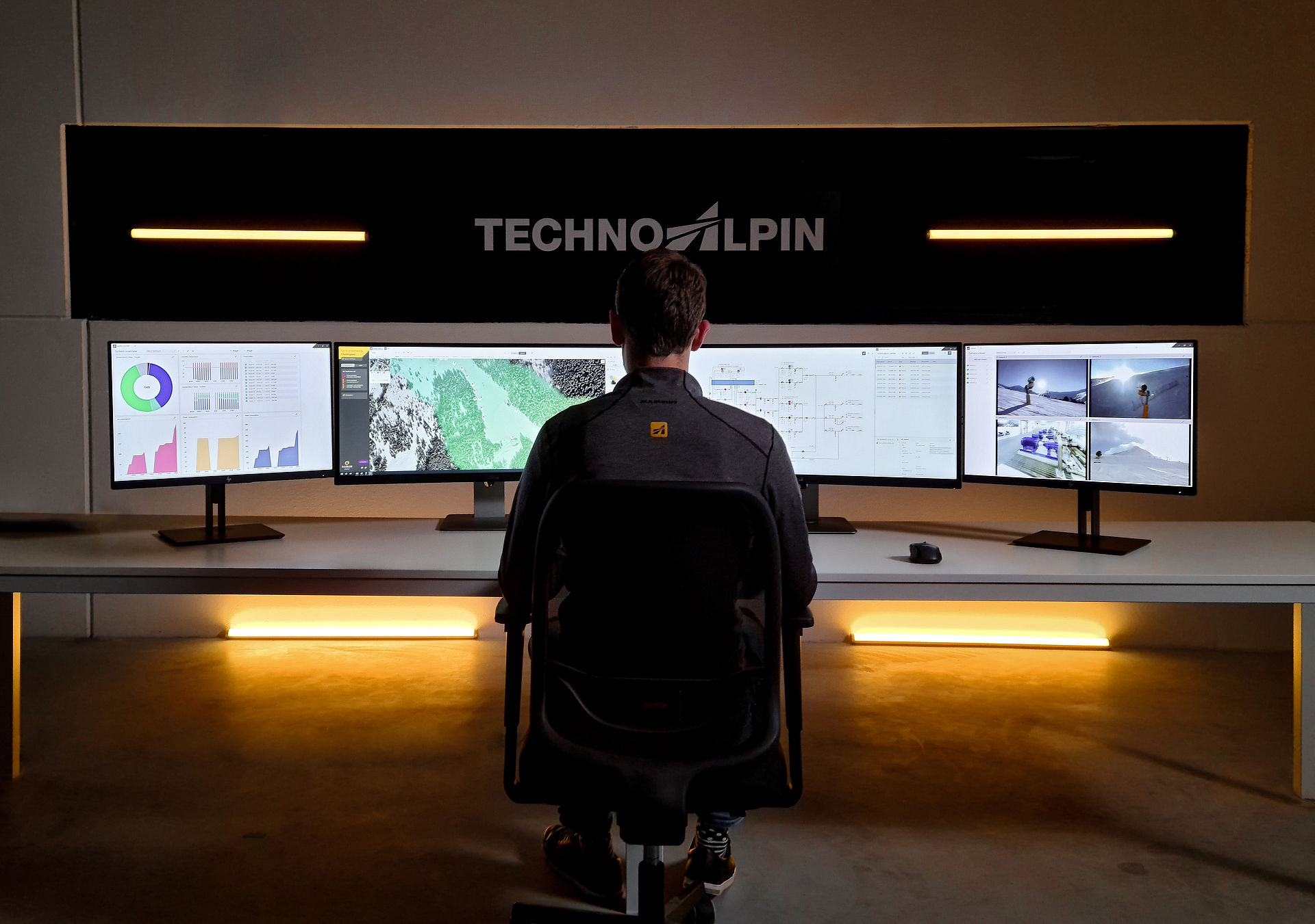 TechnoAlpin Leitstand mit Mitarbeiter und Multi-Monitor-Setup zur Beschneiungssteuerung