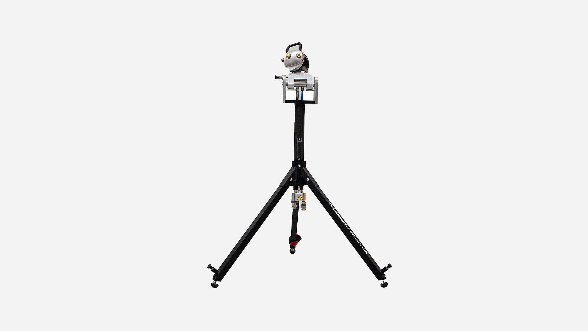 Générateur de neige intérieur TechnoAlpin S6 SnowRamp sur trépied noir réglable, vue de côté sur fond gris clair