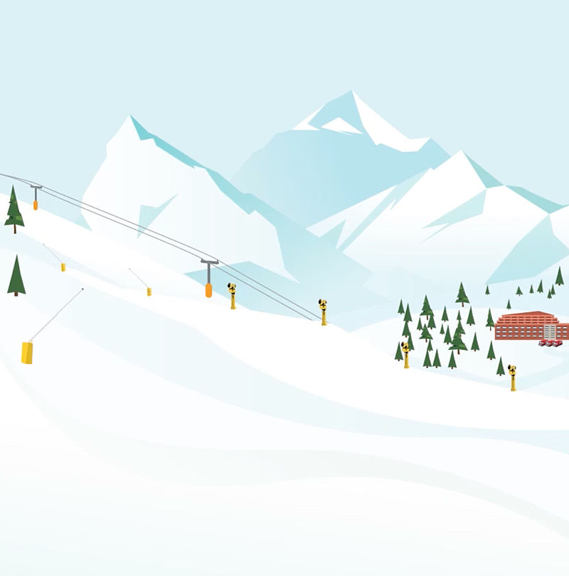 Illustration eines Skigebiets mit Schneeerzeugern und Beschneiungsanlage
