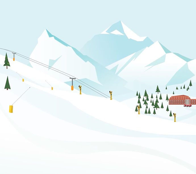 Illustration eines Skigebiets mit Schneeerzeugern und Beschneiungsanlage