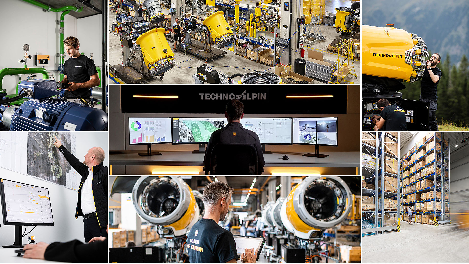 Collage zu Produktion, Service und Steuerung von Beschneiungsanlagen bei TechnoAlpin