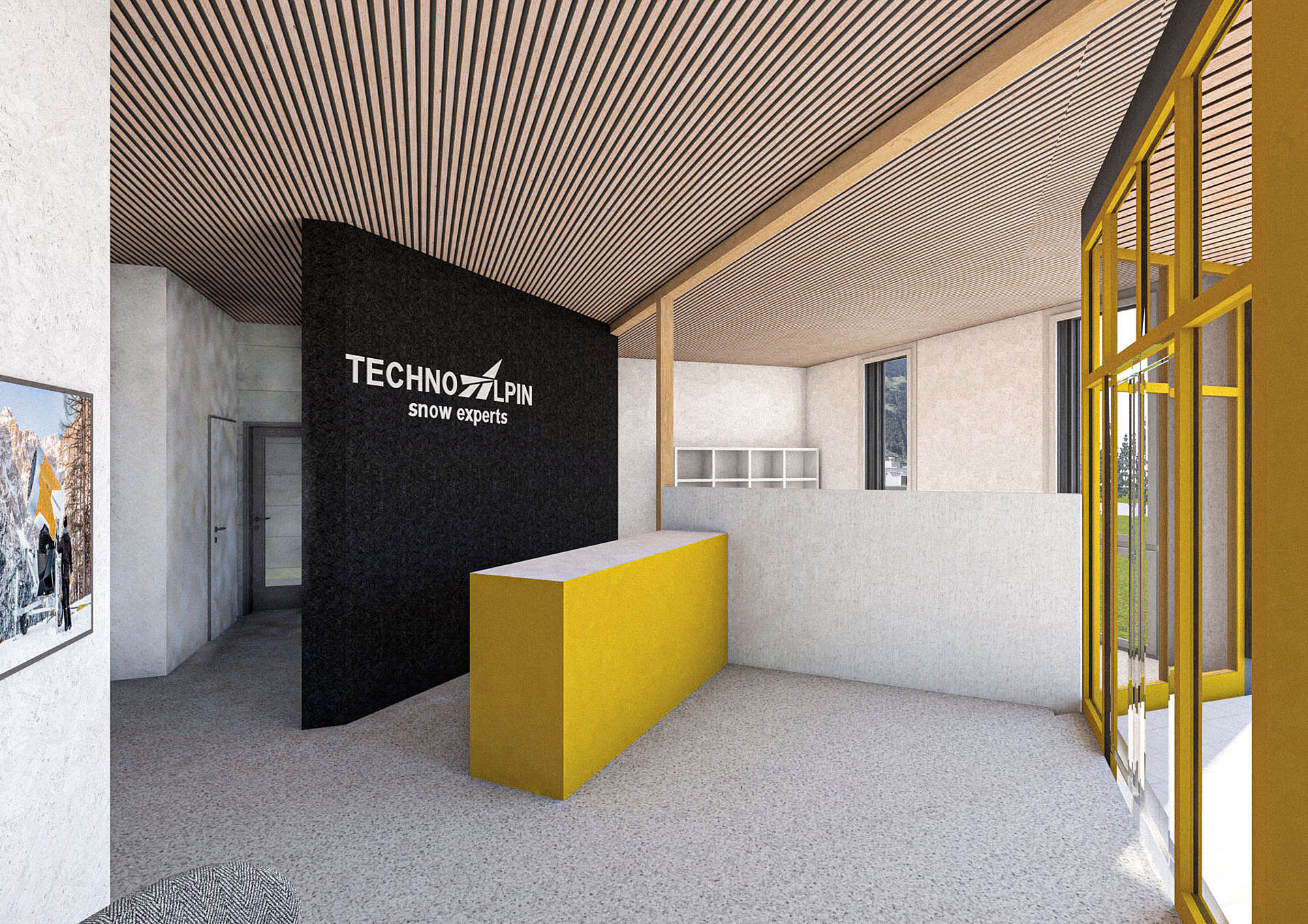 Reception area with TechnoAlpin logo on black wall, yellow reception desk and slatted wood ceiling.