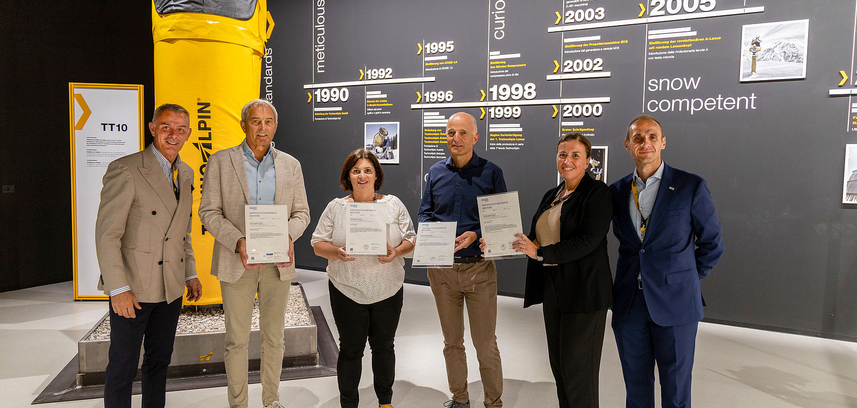 Six people with certificates in front of TT10 snow gun and timeline of TechnoAlpin company history