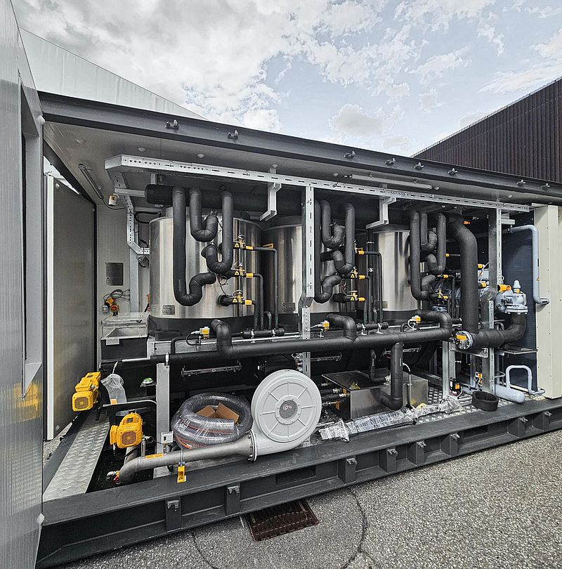 Interior view of Tundra SnowFactory container with stainless steel tanks and pipelines