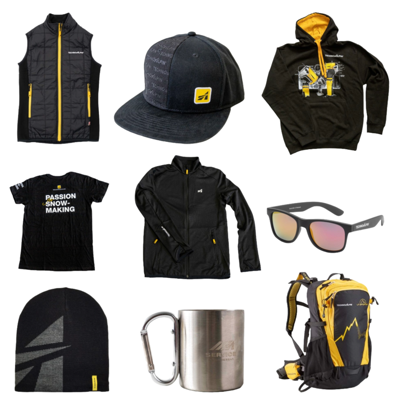 TechnoAlpin Merchandise Übersicht mit Weste, Cap, Hoodie, Shirt, Sonnenbrille, Mütze und Rucksack