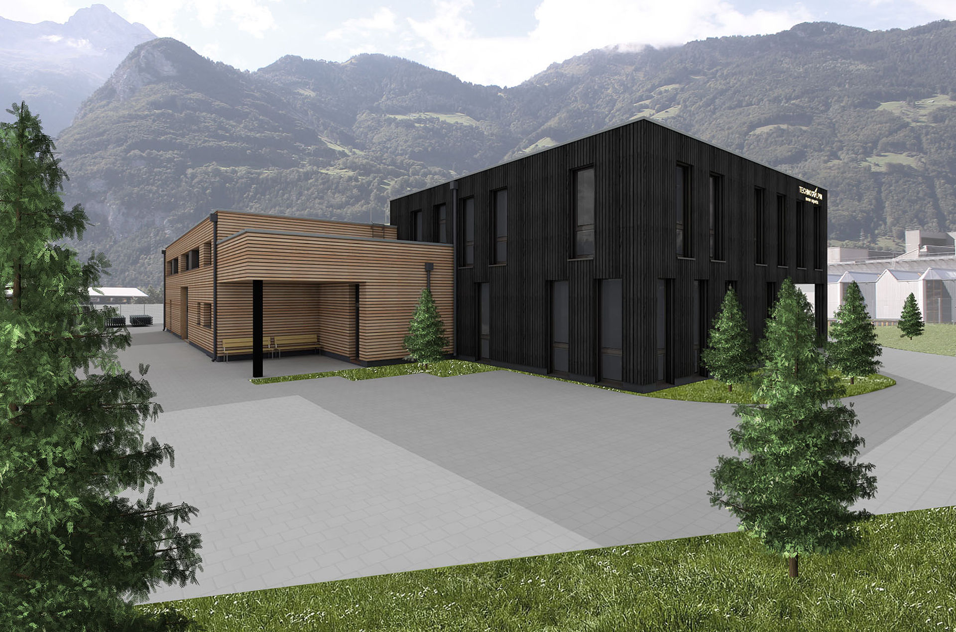 Architectural rendering of planned TechnoAlpin building with dark and light wood cladding.
