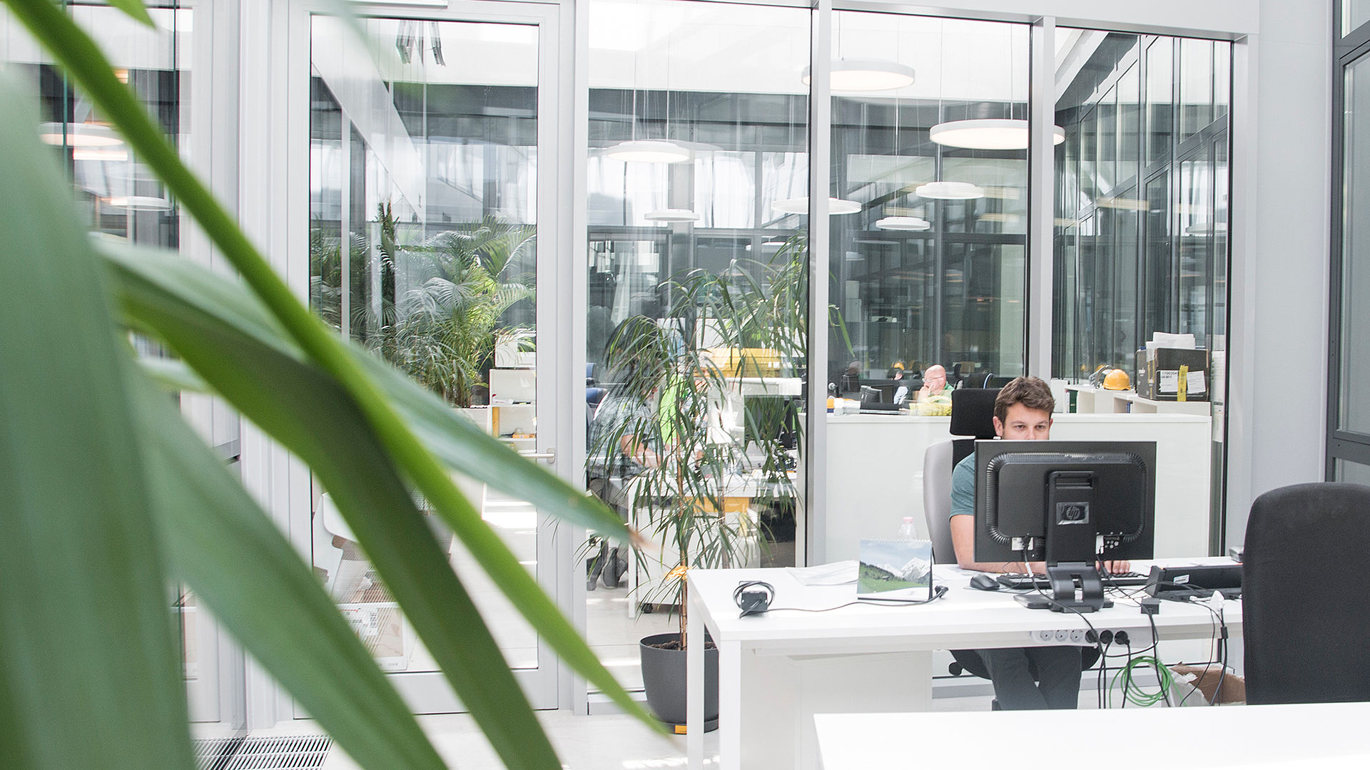 Mitarbeiter arbeitet am Computer im modernen hellen Großraumbüro von TechnoAlpin