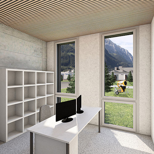 3D-Visualisierung eines modernen Büros mit Schreibtisch und Panoramafenstern mit Blick auf Berge.