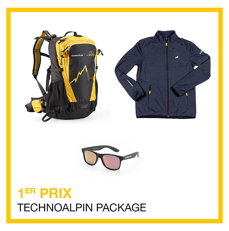 TechnoAlpin concours 1er prix package sac à dos, veste bleue et lunettes