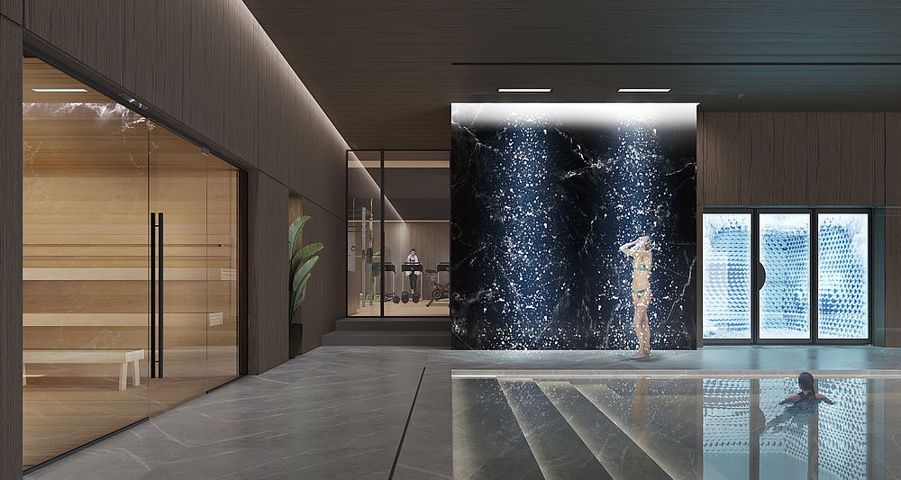 Rendering TechnoAlpin SnowSky in spa wellness lusso con piscina e parete marmo scura