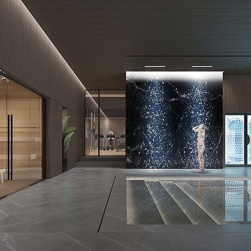 TechnoAlpin SnowSky Rendering in Luxus-Wellnessspa mit Pool und schwarzer Marmorwand