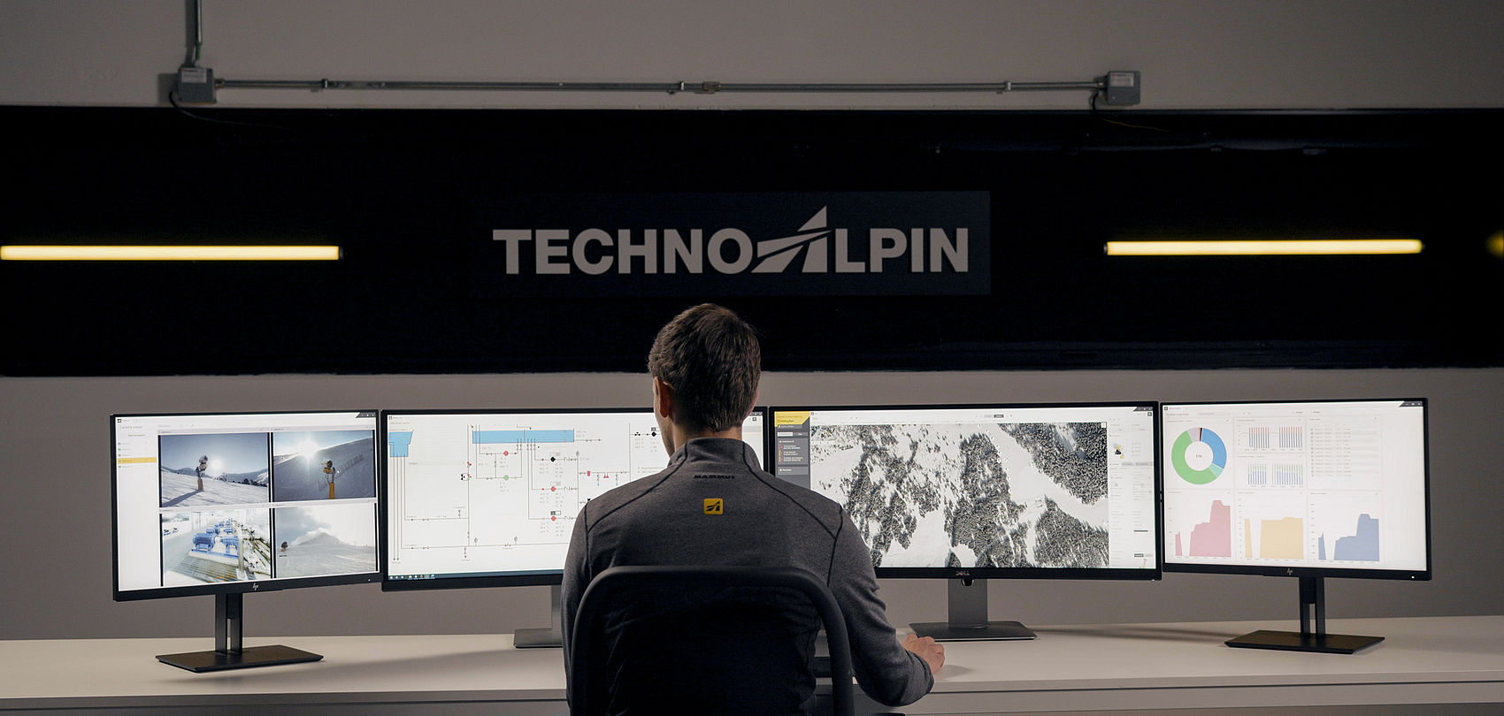 Employee at ATASSpro control console with four monitors for snowmaking control