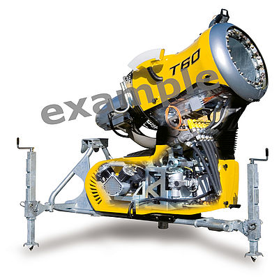Gelbe TechnoAlpin T60 Propeller-Schneekanone auf Stativ mit Kompressor